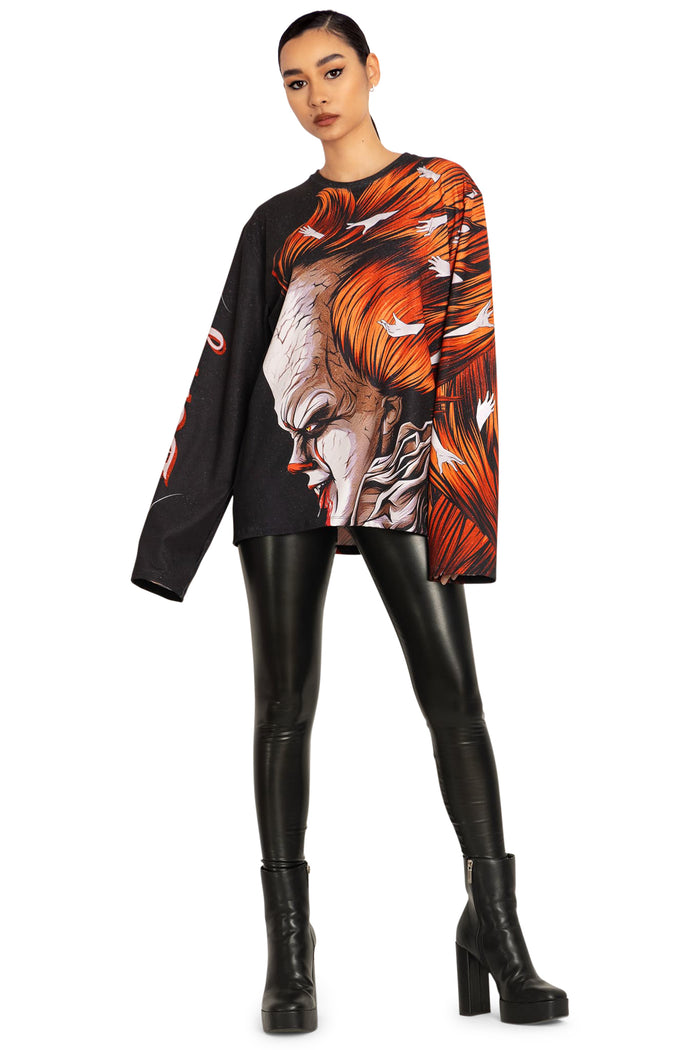 BlackMilk Clothing x Warner Brothers IT - Derry Is Calling Long Sleeve Oversized Boyfriend Tee- Warner Bros. Merchandise - Collaboration apparel - Licenced.