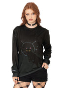 Close-up of Lora Zombie dissociating cat artwork on black long sleeve boyfriend tee - BlackMilk wearable art