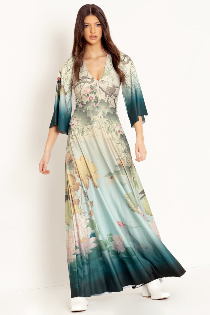 Koi fish print maxi dress with wide sleeves, designed with a flattering fit and flowing shape for occasion wear, dinner dates, holidays and elevated everyday styling.