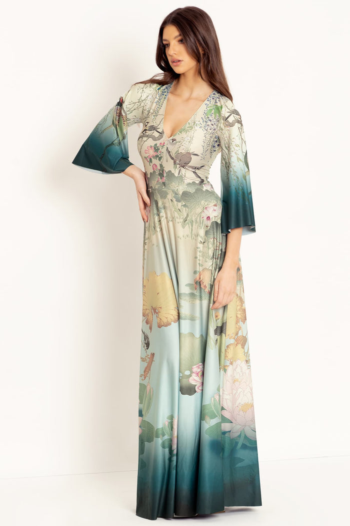 Wide sleeve maxi dress featuring colourful koi artwork, combining comfort and elegance for events, creative fashion lovers and standout everyday outfits.
