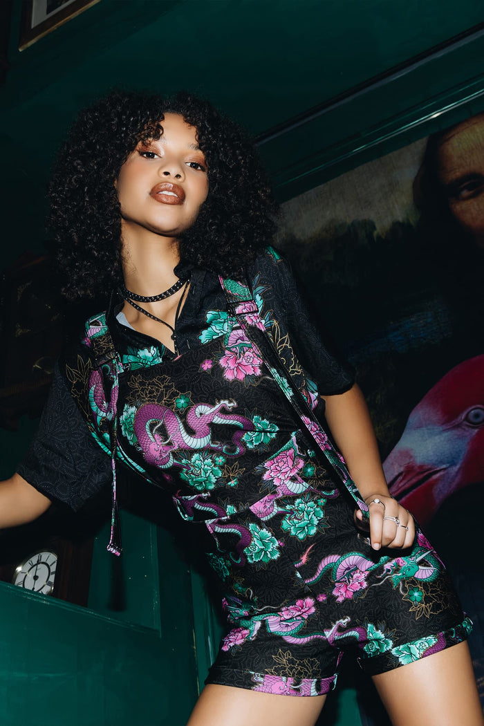 BlackMilk Clothing - Dragon Bouquet Short Pocket Overalls