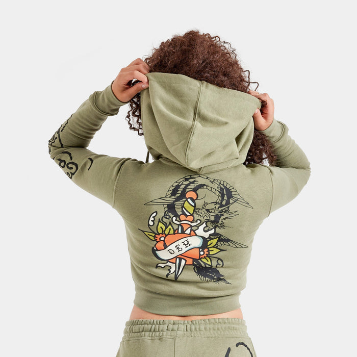 Dragon Dagger Full Zip Womens Hoodie (Olive/Black)