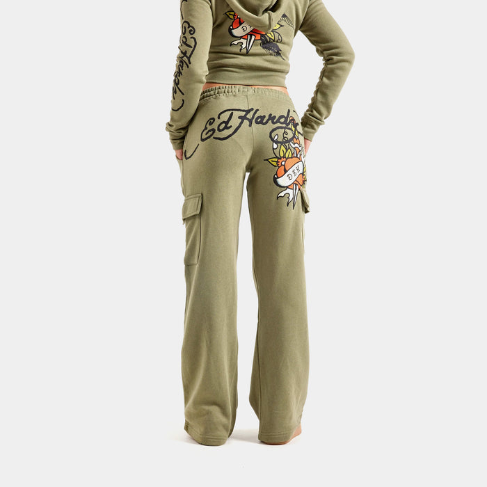 Dragon Dagger Heart Cargo Womens Sweatpants (Olive/Black)