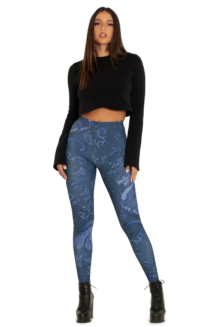 BlackMilk Clothing - Dragon Rising Denim High Waisted Matte Finish Leggings