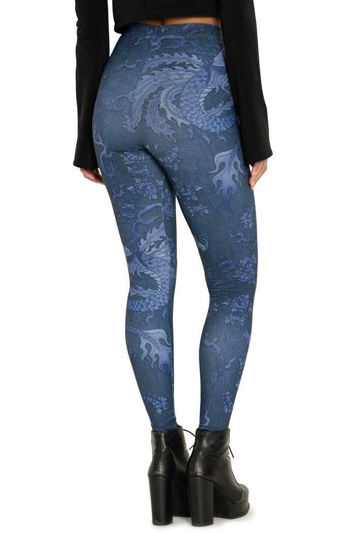 BlackMilk Clothing - Dragon Rising Denim High Waisted Matte Finish Leggings