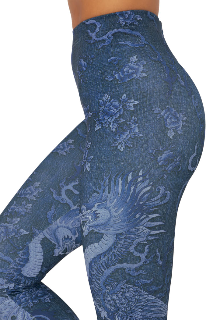 BlackMilk Clothing - Dragon Rising Denim High Waisted Matte Finish Leggings