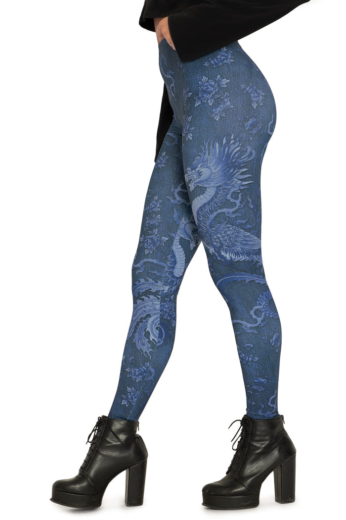 BlackMilk Clothing - Dragon Rising Denim High Waisted Matte Finish Leggings