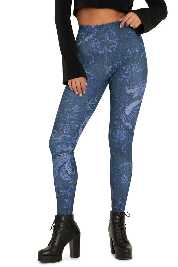 BlackMilk Clothing - Dragon Rising Denim High Waisted Matte Finish Leggings