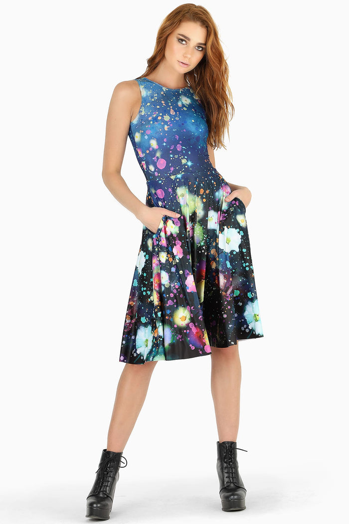 Watercolour print princess midi dress with feminine fitted bodice, designed for comfortable wear and timeless style across events, celebrations and elevated everyday outfits.