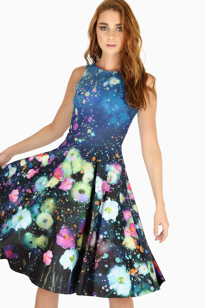 Twilight-inspired watercolour midi dress with princess seams, combining a romantic silhouette and artistic print for occasion wear, date nights and sophisticated styling.