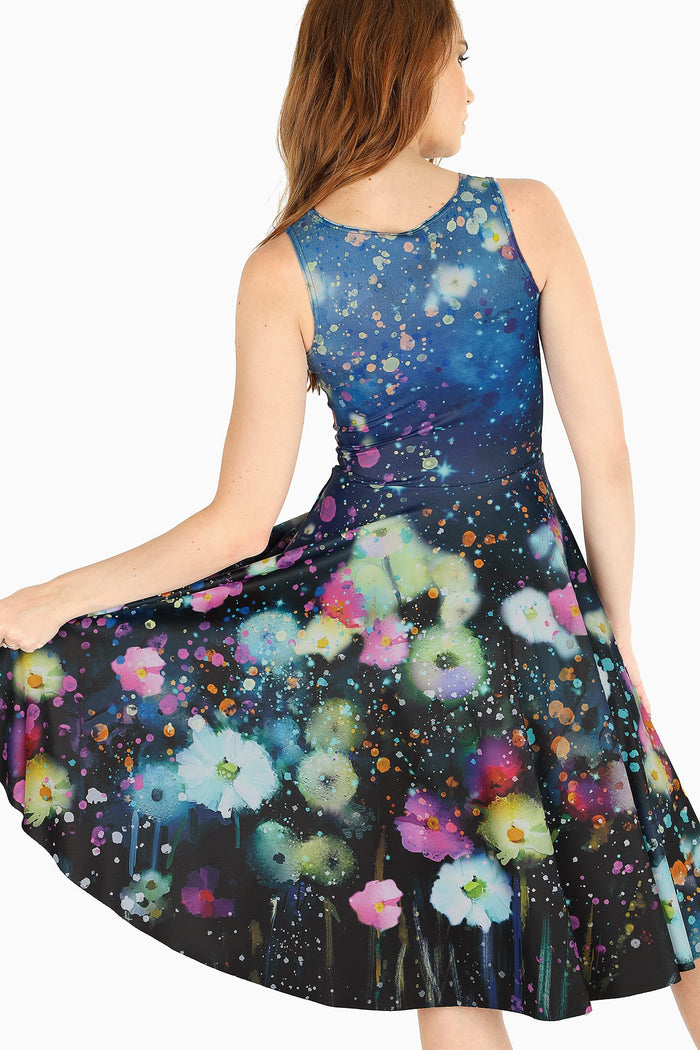 Princess midi dress featuring soft twilight watercolour artwork, ideal for weddings, afternoon events, brunch dates and elegant day-to-night dressing.