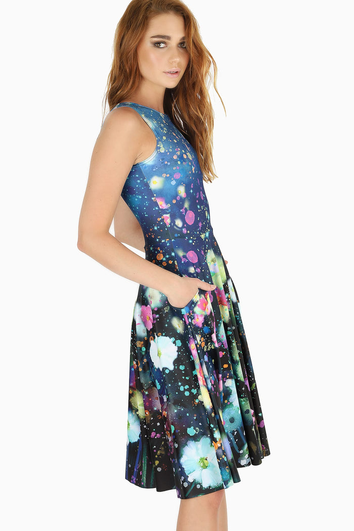 Romantic watercolour midi dress with flattering princess silhouette, perfect for special occasions, holiday outfits, garden parties and feminine everyday fashion.