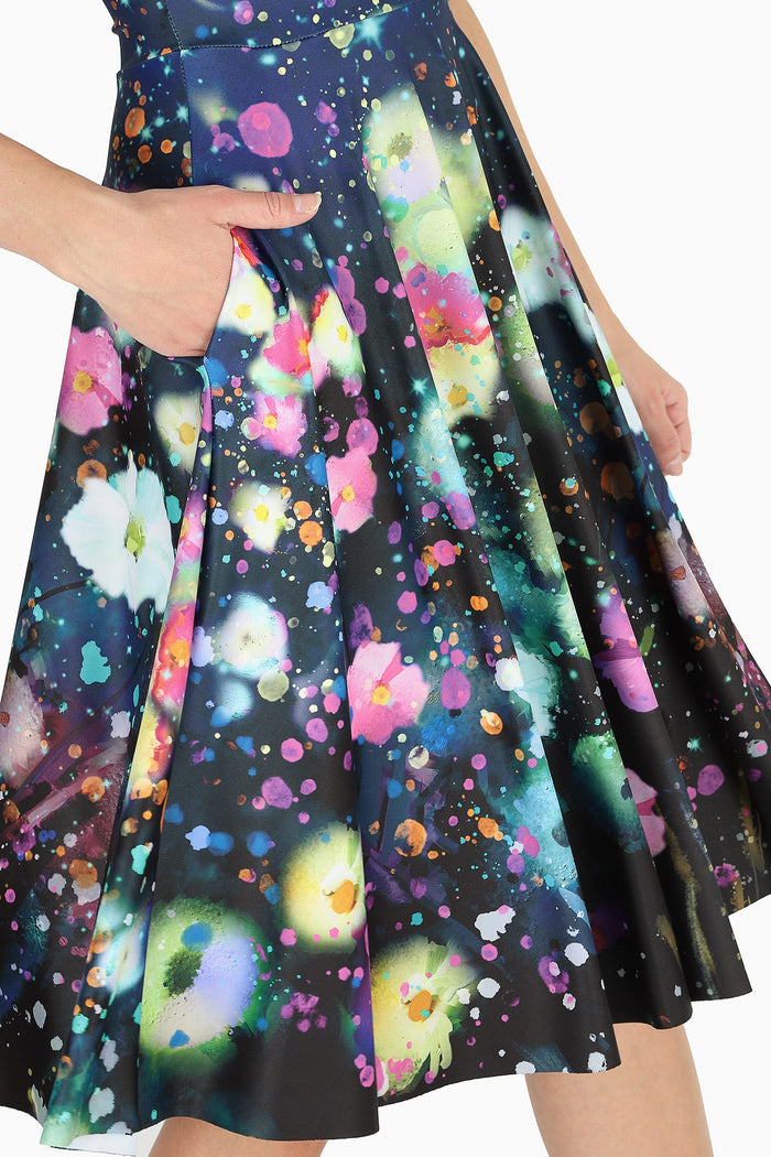Women's princess midi dress with dreamy twilight watercolour print, designed for effortless elegance, comfortable wear and versatile occasion styling.