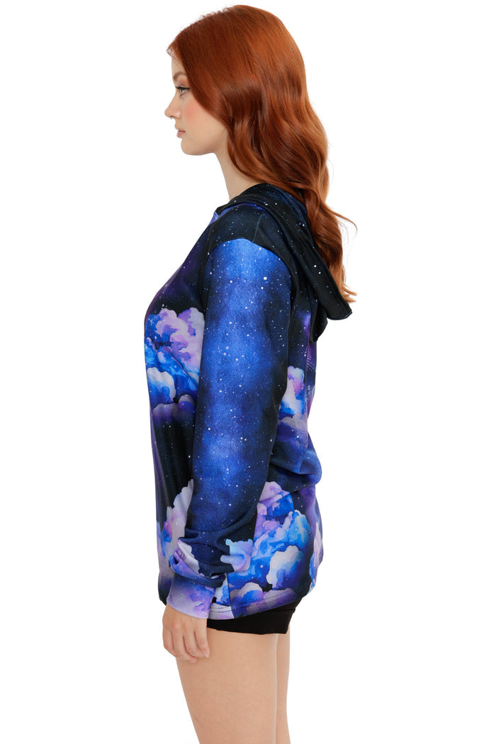 Dark galaxy hoodie with eclipse artwork, star-filled sky print and dreamy cloud accents