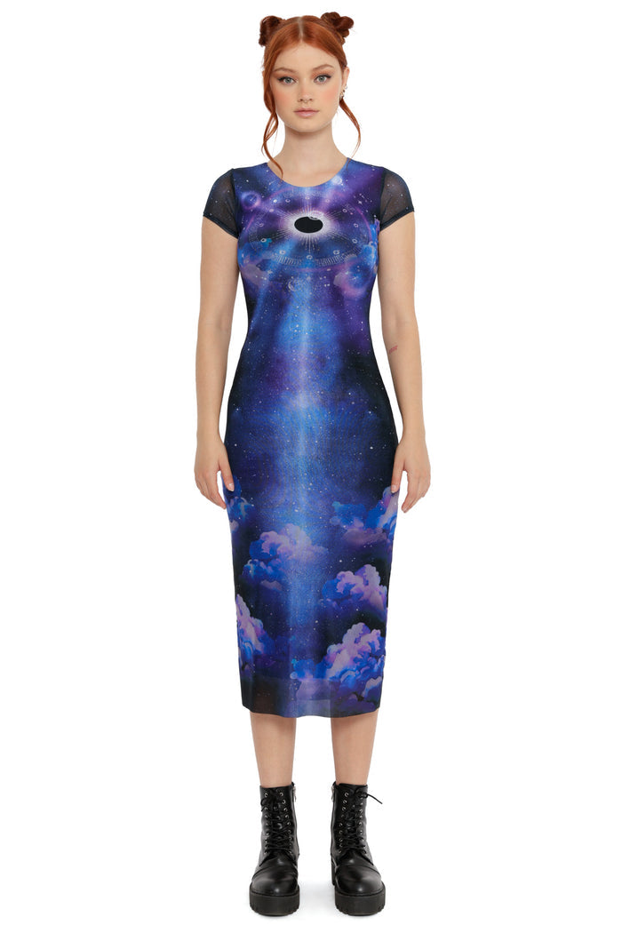 Celestial bodycon midi dress with cosmic clouds, star details and dramatic eclipse centre