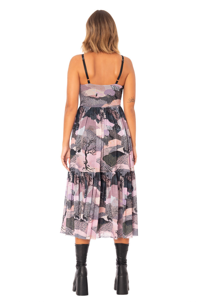 Edge of Night Sheer Midaxi Dress full length front image featuring romantic tiered silhouette, sheer mesh overlay and moody landscape inspired print