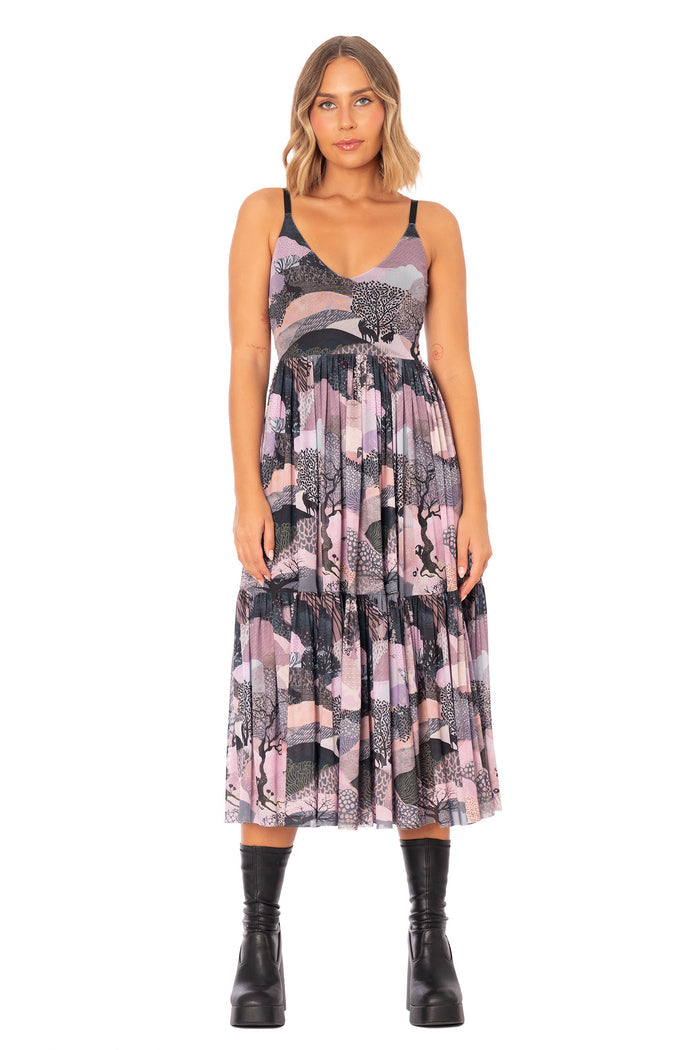 Edge of Night Sheer Midaxi Dress front product image showing lightweight sheer fabric, fitted waist and layered skirt with abstract forest inspired artwork
