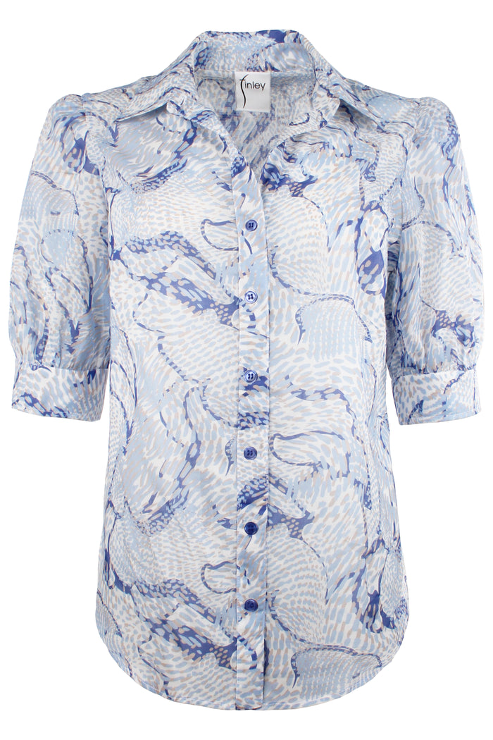 Blue and white patterned shirt on a white background