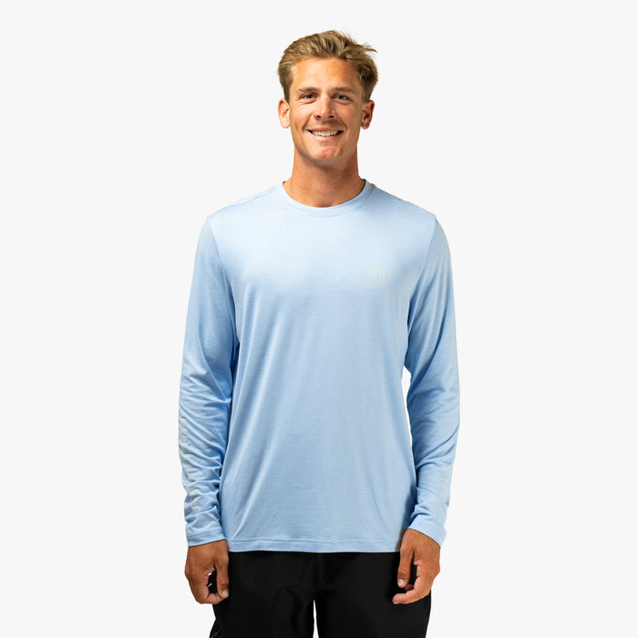 Airy Blue Heather $Model is 6'1" 175lbs Size L$