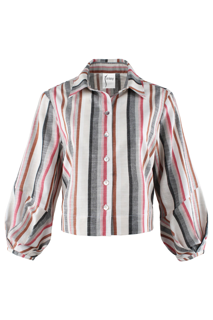 A cropped long-sleeve button-up shirt with vertical stripes in pink, brown, gray, and white, featuring balloon sleeves and a pointed collar.