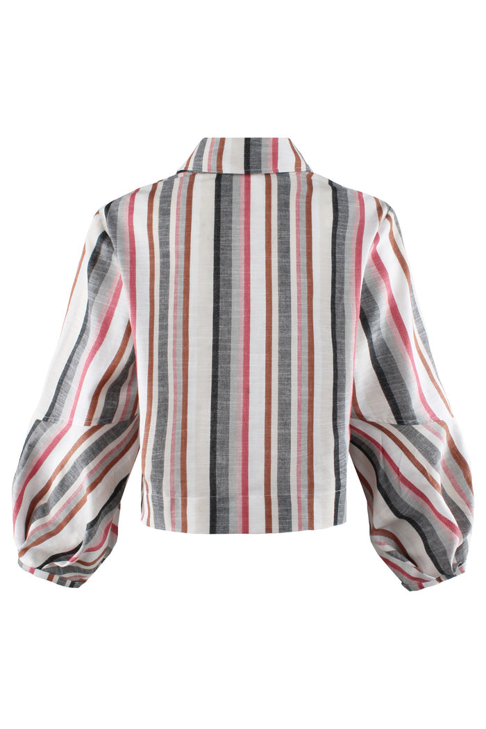 A cropped long-sleeve blouse with vertical stripes in white, gray, black, and red, featuring balloon sleeves, shown from the back on a white background.