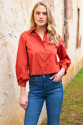 Emmy, Pleated Cuff Cropped Poplin Shirt, Cinnamon Silky Poplin