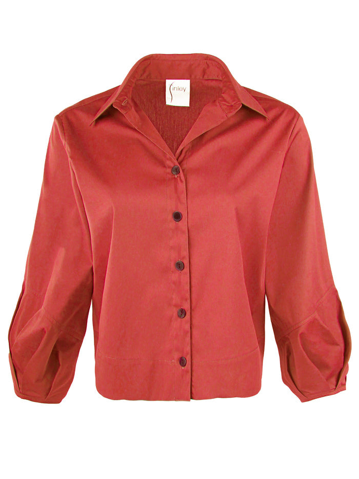Emmy, Pleated Cuff Cropped Poplin Shirt, Cinnamon Silky Poplin