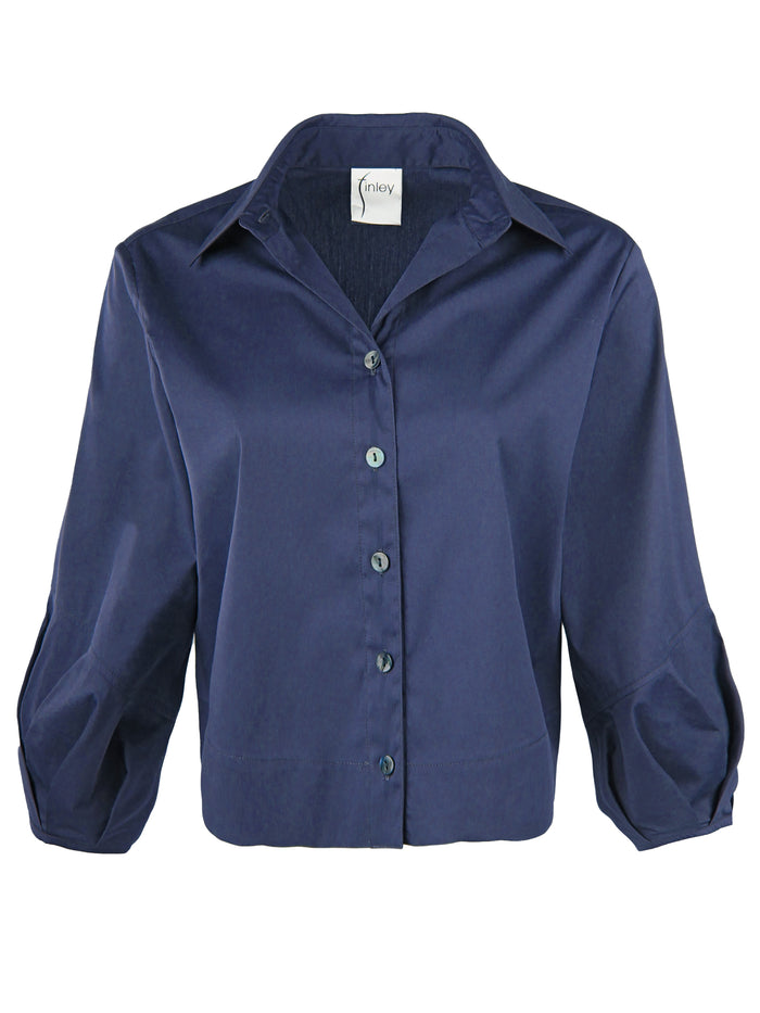 Emmy, Pleated Cuff Cropped Poplin Shirt, Navy Blue Silky Poplin