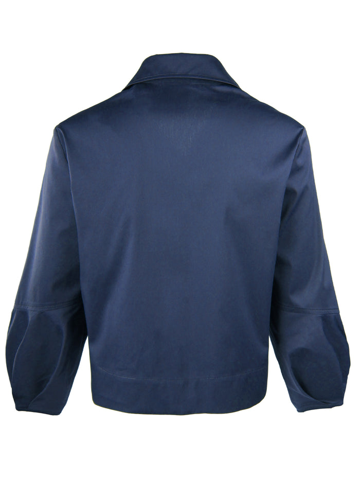 Emmy, Pleated Cuff Cropped Poplin Shirt, Navy Blue Silky Poplin