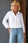 Emmy, Pleated Cuff Cropped Poplin Shirt, White Silky Poplin