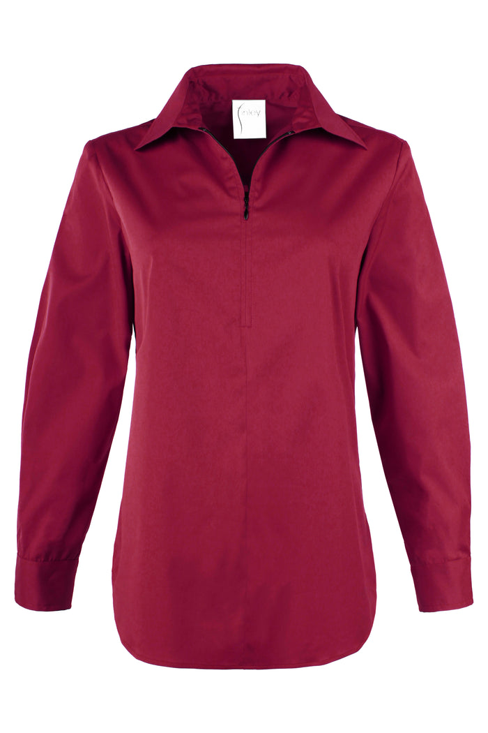 A long-sleeve collared blouse in a deep burgundy or maroon color, featuring a short zipper placket at the neck, shown against a plain white background.