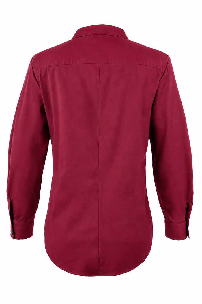 A long-sleeve button-down shirt shown from the back, in a solid deep burgundy red color, displayed on a clean white background.