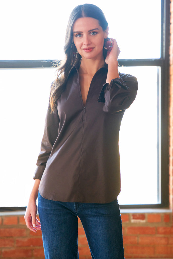 Endora Long Sleeve Half Zip Shirt Chocolate Brown