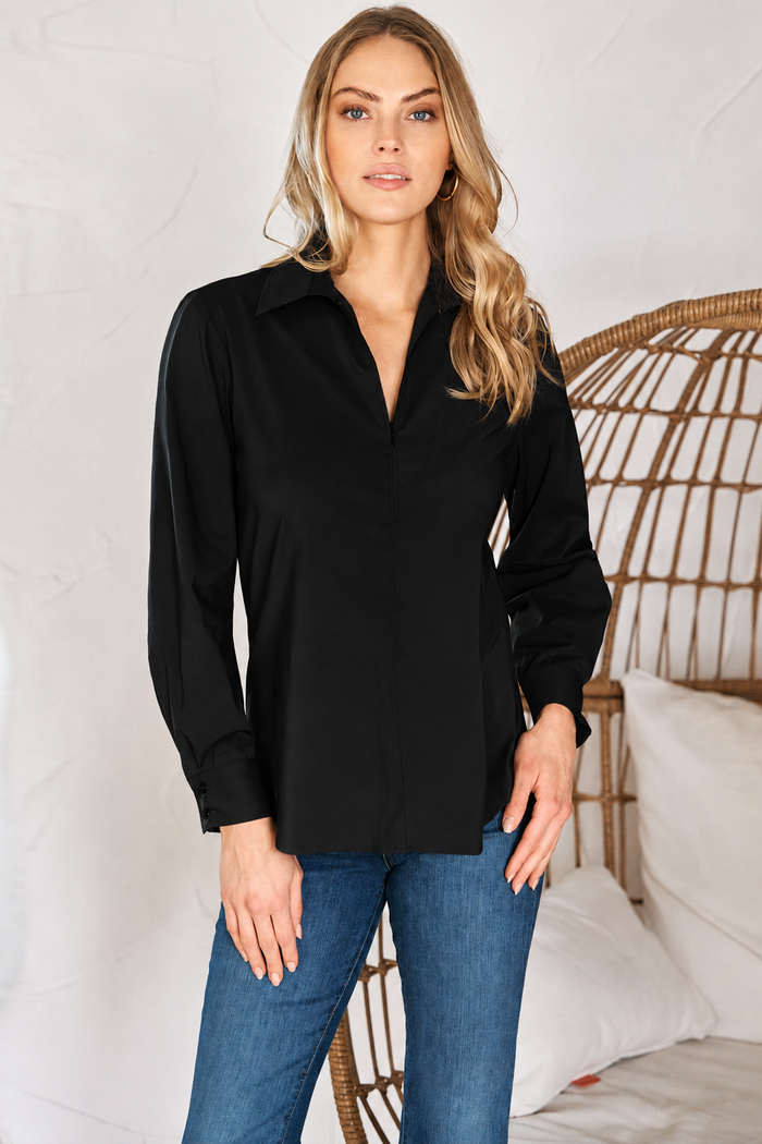 Endora Long Sleeve Half Zip Tailored Black Poplin Shirt