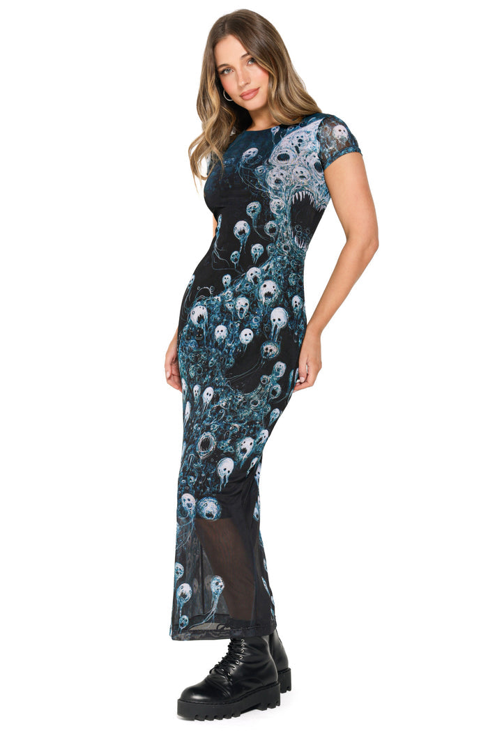 Energy Bubbles Sheer Cap Sleeve Bodycon Maxi Dress