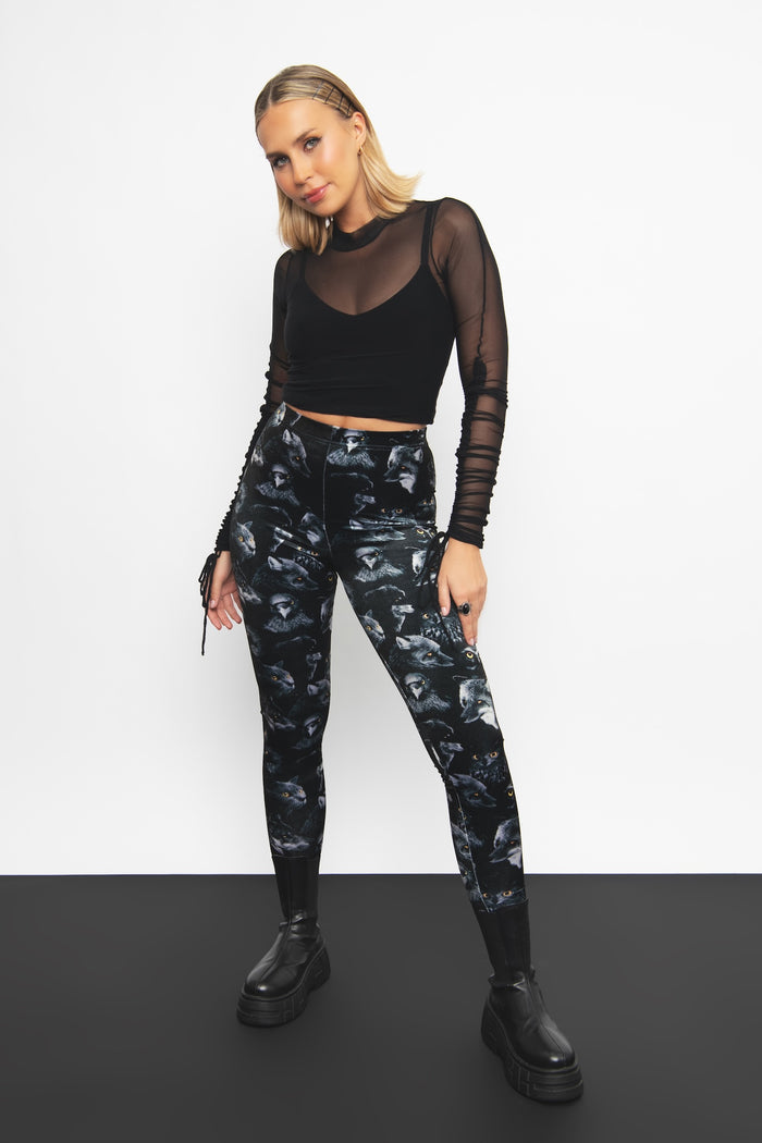 Familiars High Waisted Velvet Leggings featuring a flattering high-rise fit, soft stretch velvet fabric and mystical familiars artwork, perfect for everyday wear, alternative fashion and comfortable styling.