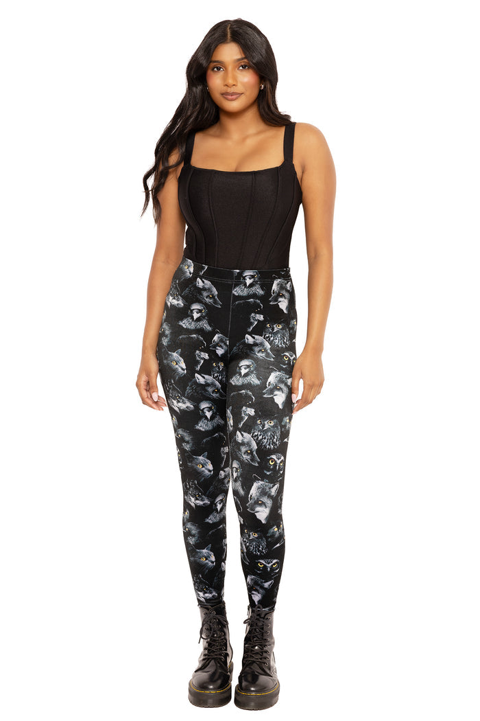 Alternative velvet leggings featuring magical familiars artwork, combining a sculpting high-waisted fit and soft stretch fabric for casual outfits, lounging and everyday fashion.