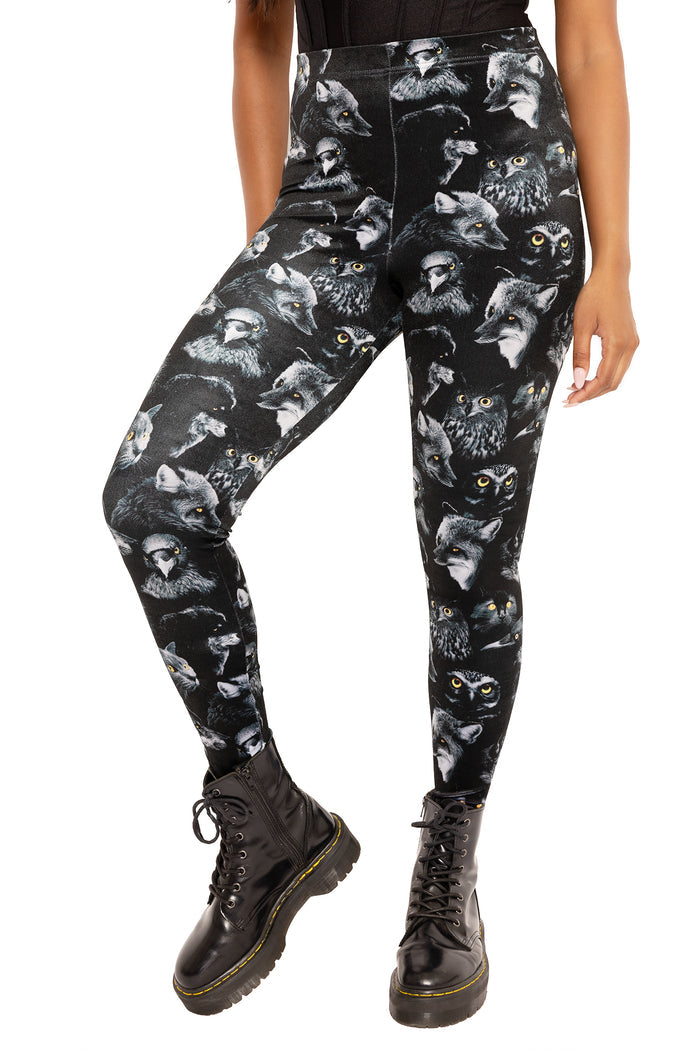 Familiars print velvet leggings with supportive high-rise waistband, designed for casual styling, cosy weekends, festivals and statement alternative outfits.