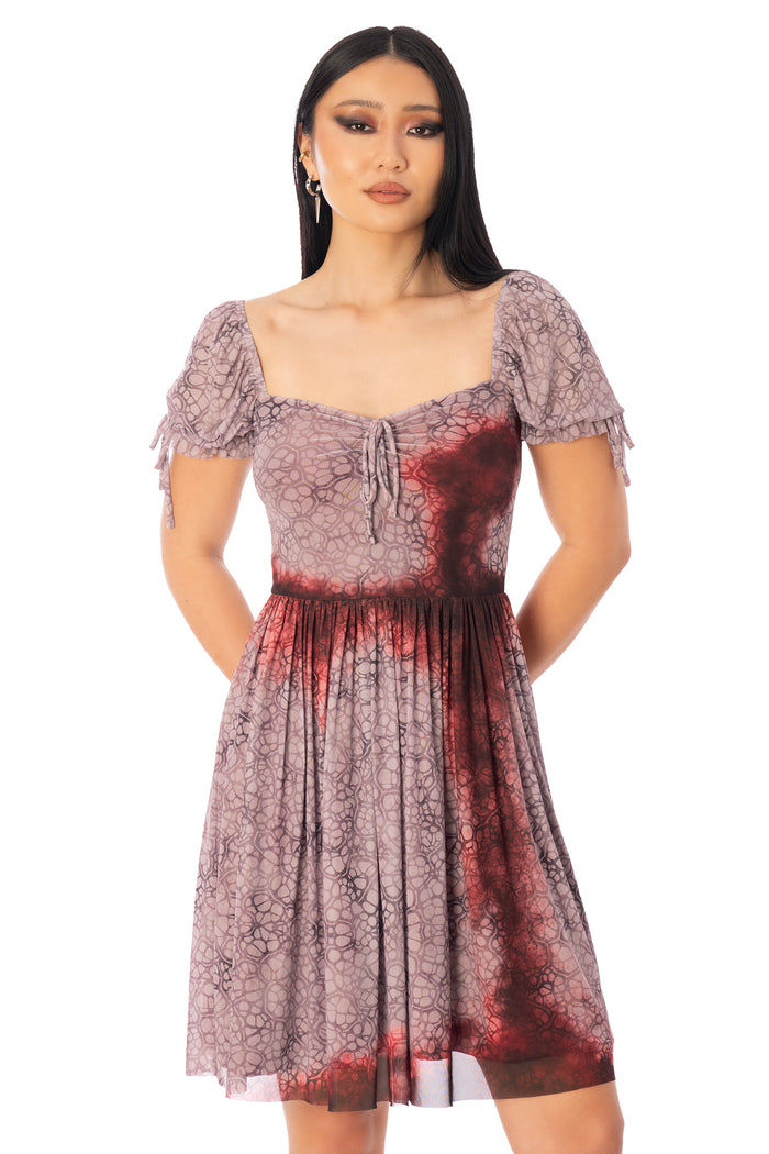 BlackMilk Final Girl Longline Tea Party Dress – dusty mauve blood-splatter print sheer Halloween tea party dress, part of the BlackMilk Clothing Halloween collection