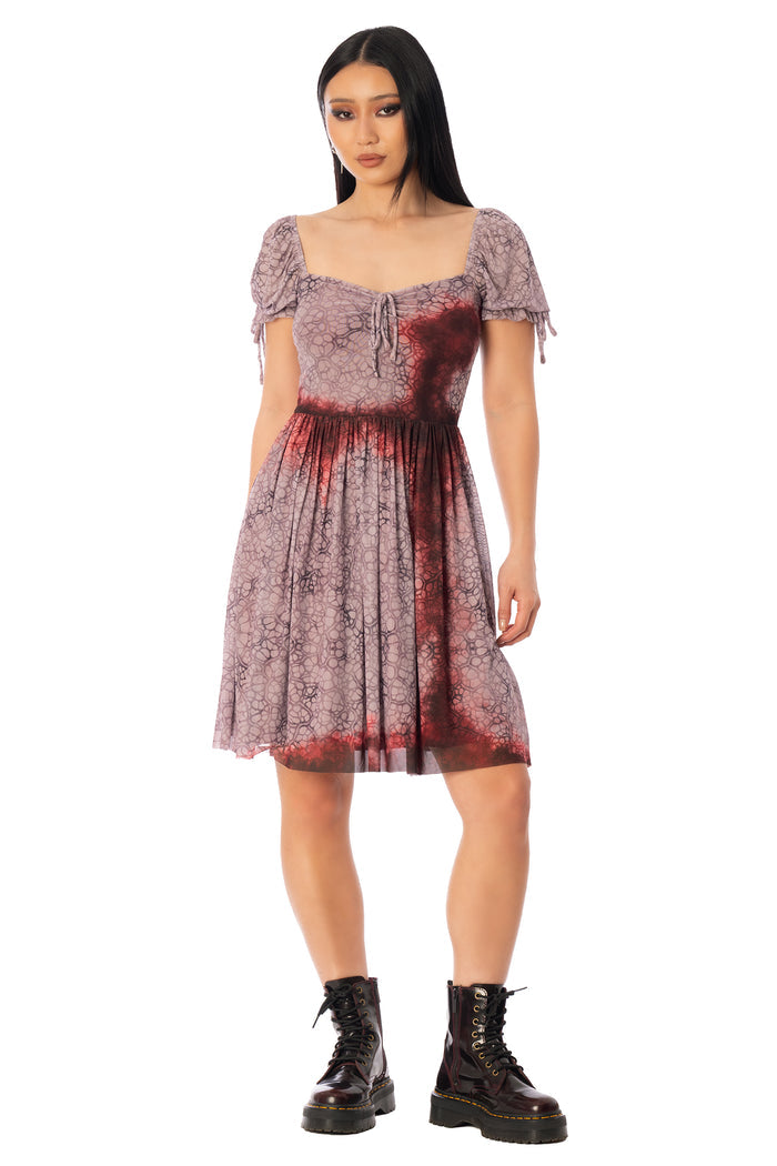 BlackMilk Final Girl Longline Tea Party Dress – dusty mauve blood-splatter print sheer Halloween tea party dress, part of the BlackMilk Clothing Halloween collection