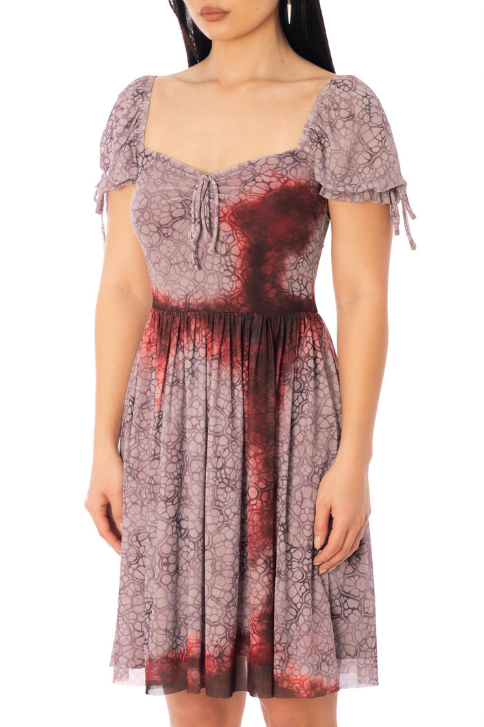 BlackMilk Final Girl Longline Tea Party Dress – dusty mauve blood-splatter print sheer Halloween tea party dress, part of the BlackMilk Clothing Halloween collection