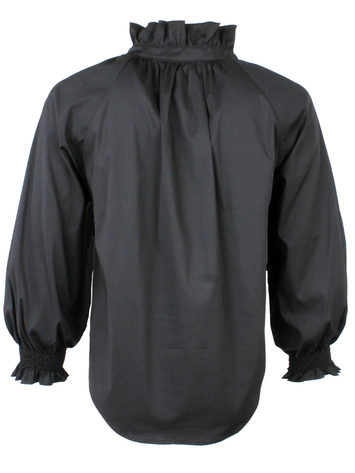 A rear view of the Finley Fiona blouse, a black poplin button down blouse with long blouson sleeves and a ruffle collar accent.