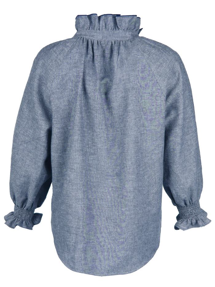 Blue blouse with smocked details on a white background