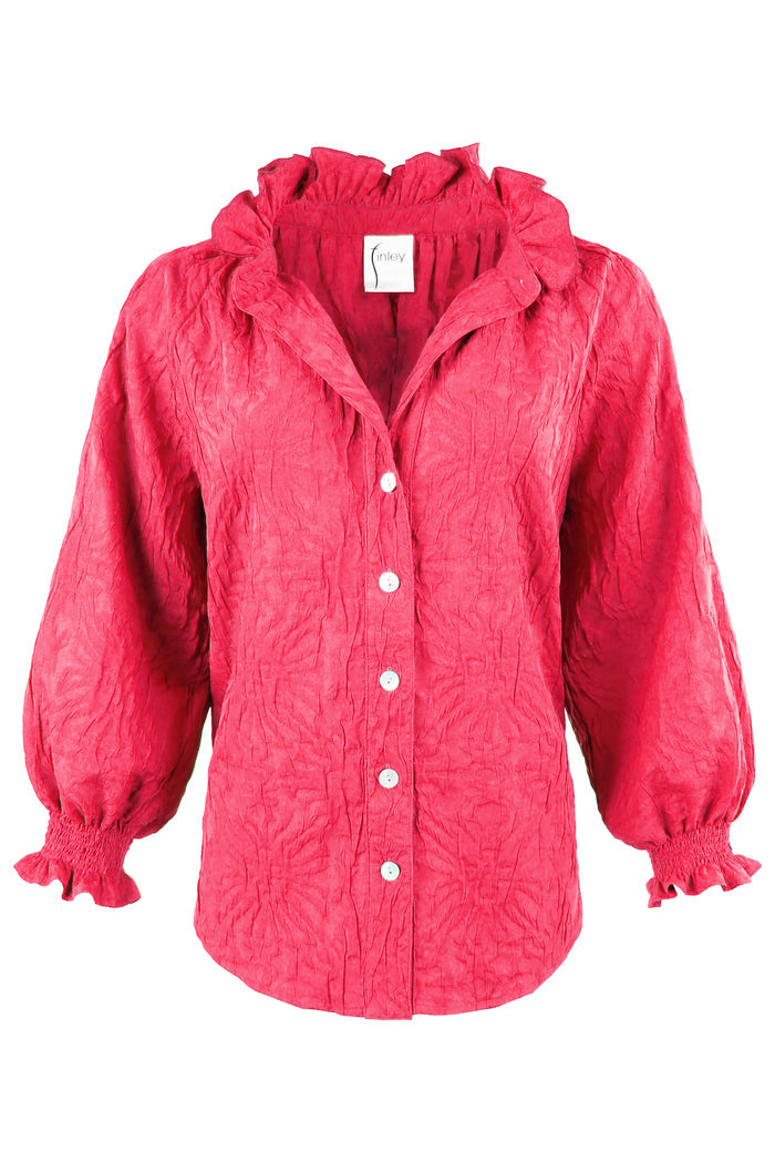 Pink jacket with ruffled collar on a white background