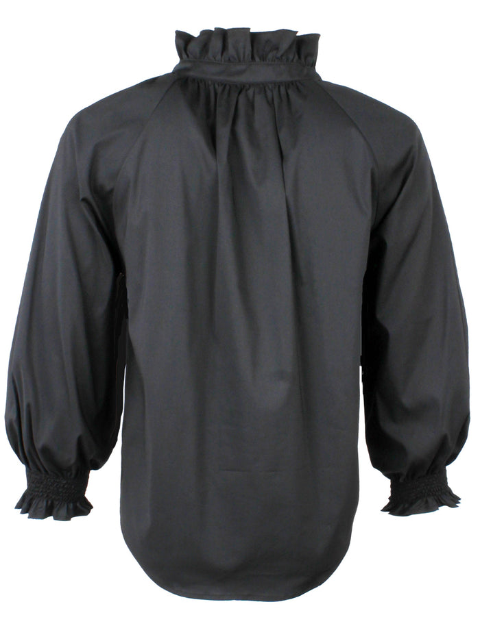 A rear view of the Finley Fiona blouse, a navy poplin button down blouse with long blouson sleeves and a ruffle collar accent.