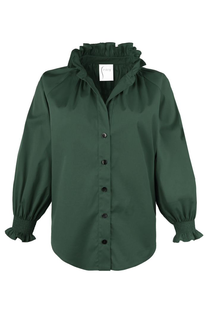Green blouse with ruffled collar on a white background
