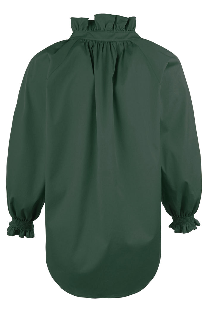 A dark green long-sleeve blouse shown from the back, featuring a gathered ruffled high neck and matching ruffled cuffs, set against a plain white background.