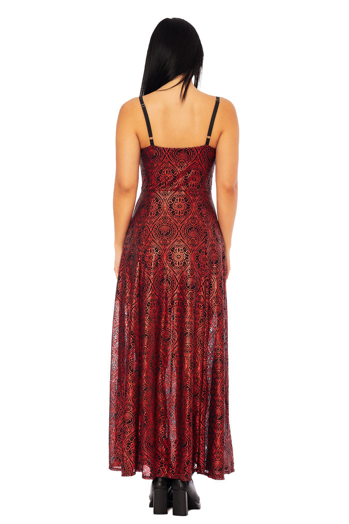 Avatar: The Last Airbender x BlackMilk Fire Nation inspired maxi dress featuring bold red artwork and long sleeve bolero design, official Avatar apparel