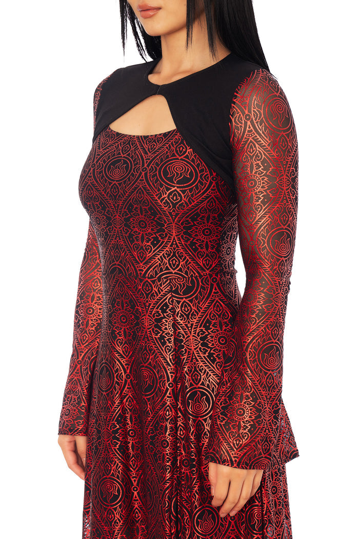 Avatar: The Last Airbender x BlackMilk Long Sleeve Bolero Maxi Dress inspired by the Fire Nation, red and black licensed Avatar fashion