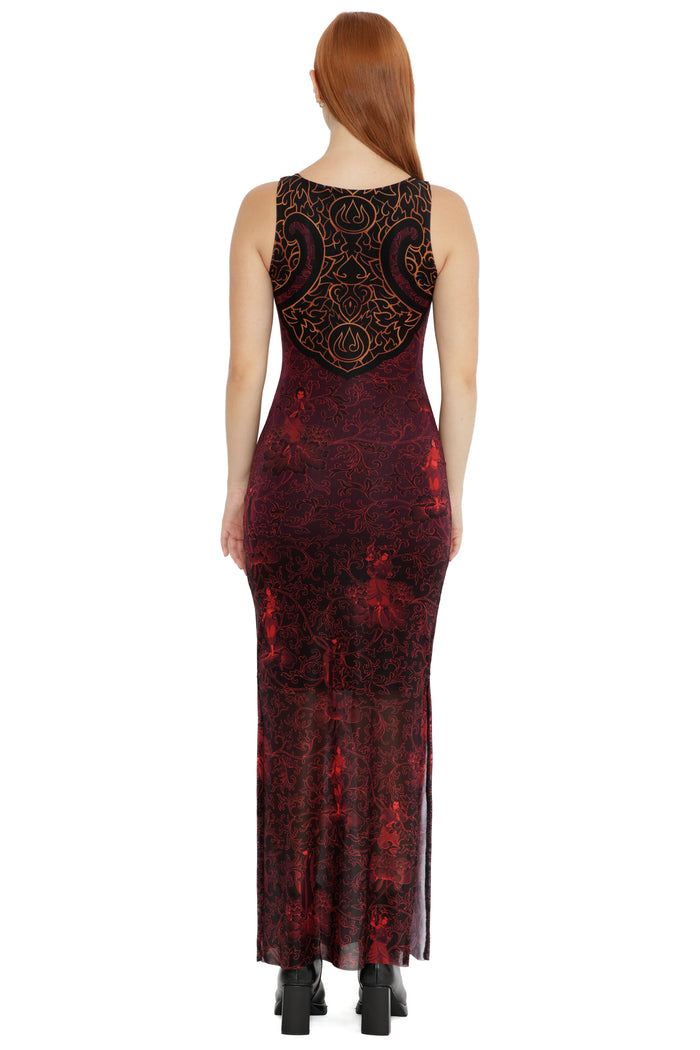Avatar: The Last Airbender x BlackMilk Fire Nation inspired Avatar clothing, featuring the Fire Nation Trio Tank Column Maxi Dress from the licensed Avatar fashion range